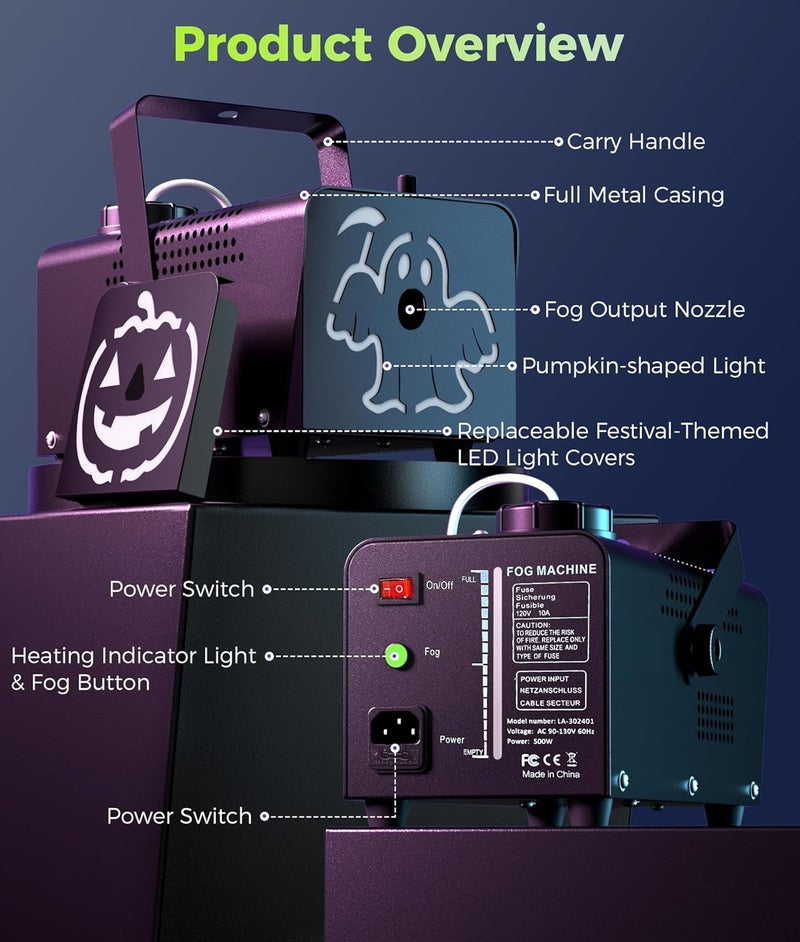 IMONE Store آلة الضباب 500 واط 2000CFM مع 2 غطاء ضوء ذو طابع مخيف مع 72-LEDs و 12 لون ضوء، تحكم عن بعد لاسلكي، للاحتفالات، الزفاف، الحفلات، مسرح الدي جي، للاستخدام الداخلي والخارجي - Image 2